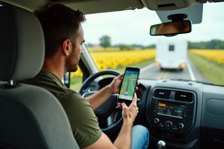 Conducteur de camping-car consultant l'application Waze sur smartphone pour planifier un itinéraire en caravane sur une route de campagne française