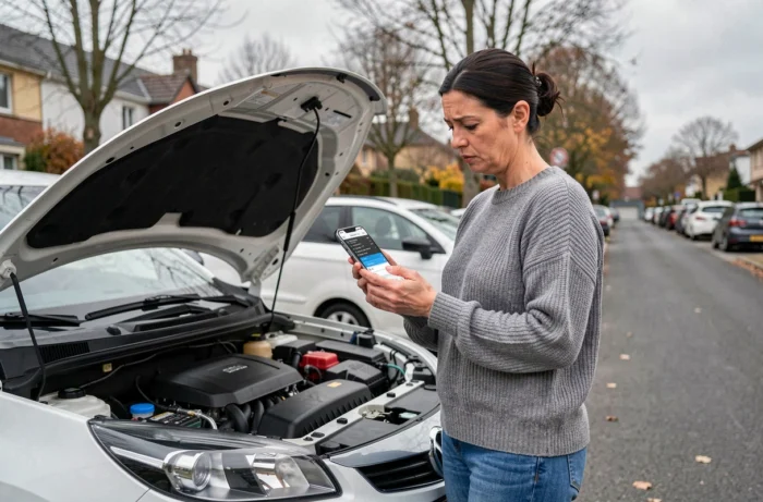 Conductrice consultant une application de diagnostic sur smartphone devant sa Clio 5 après l'apparition du message injection à contrôler