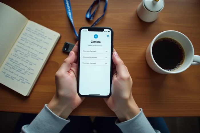 Mains tenant un smartphone affichant la configuration du compte mail Zimbra Unicaen dans un café universitaire