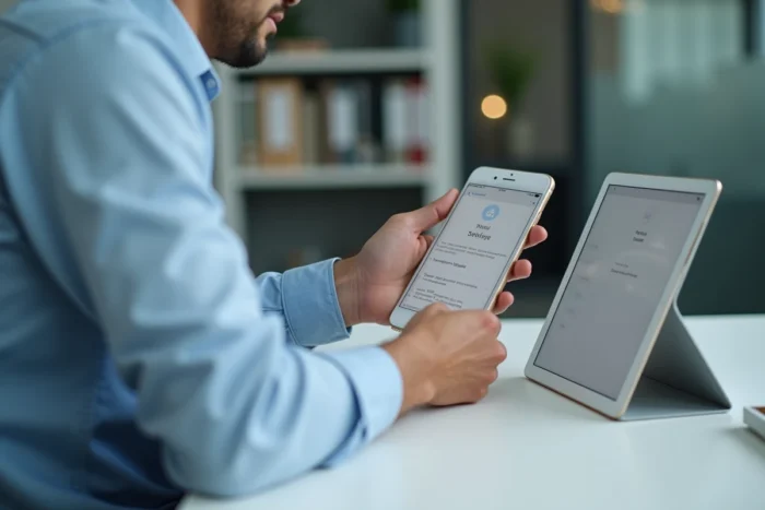 Administrateur universitaire configurant un compte Zimbra Unicaen sur tablette et smartphone au bureau
