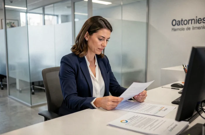 Conseillère bancaire française analysant des documents financiers dans une agence moderne