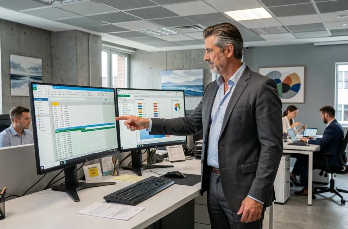 Consolideur finance travaillant sur des tableaux de consolidation et ERP dans un open space moderne