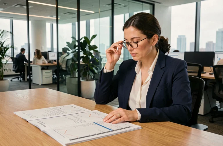 Consolideure en finance d'entreprise analysant des rapports financiers dans un bureau corporate moderne