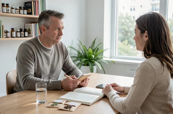Consultation de naturopathie avec Didier Pinel dans un cabinet minimaliste et naturel