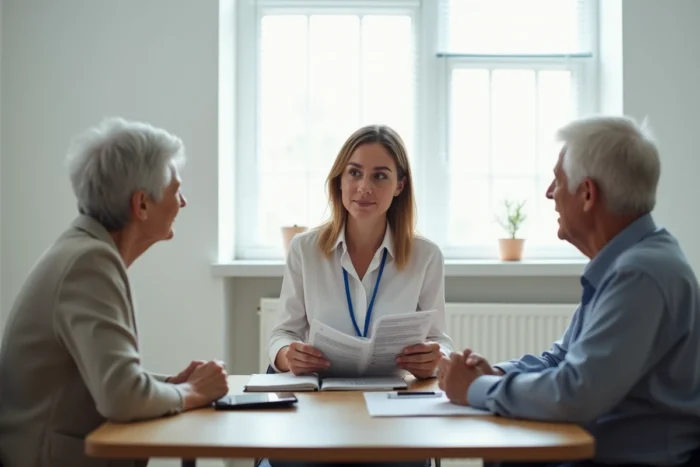 Coordinatrice ADMR présentant les tarifs horaires et les aides financières à un couple de retraités lors d'une consultation