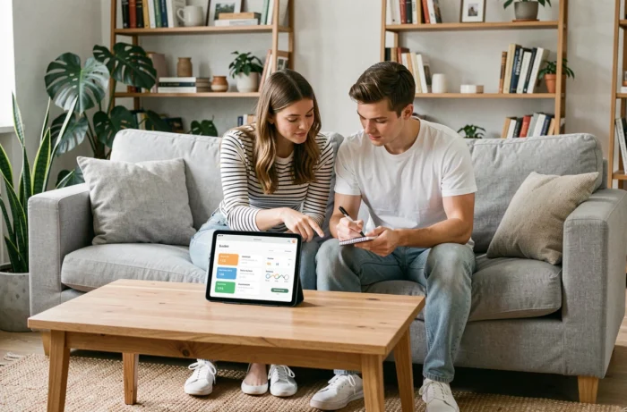 Couple gérant ensemble leurs finances personnelles avec une application de budget sur une tablette dans un salon scandinave