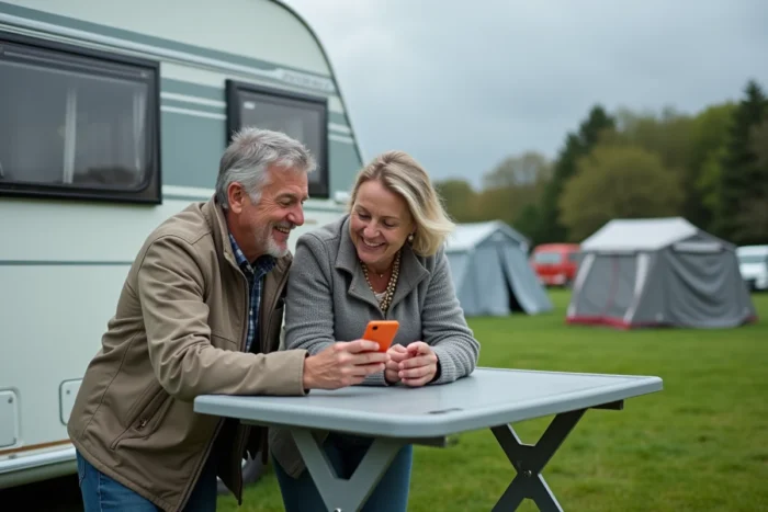 Couple de campeurs planifiant leur itinéraire en caravane avec Waze sur smartphone autour d'une table pliante au camping