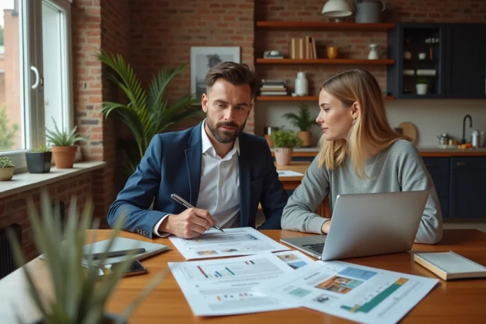 Couple étudiant les annonces immobilières et les tendances du marché sur ordinateur portable à la maison