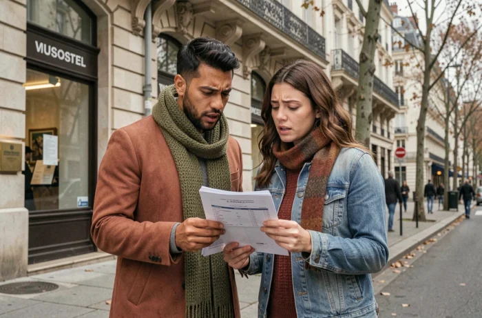 Couple examinant un relevé bancaire devant une agence française en automne