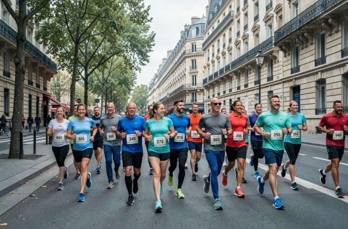 Un groupe de coureurs participe à une course solidaire dans un quartier urbain français
