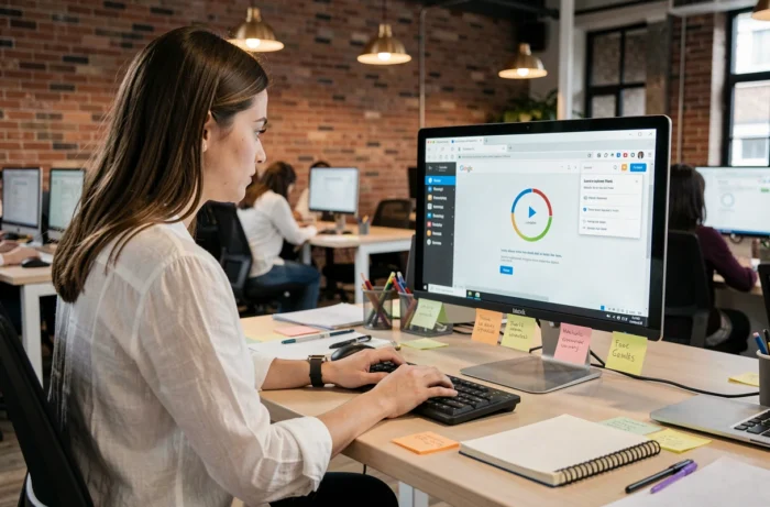 Jeune femme en espace de coworking tentant de résoudre un problème technique sur un site de petites annonces en ligne
