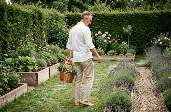 Homme pratiquant la naturopathie en cueillant des plantes médicinales dans un jardin naturel