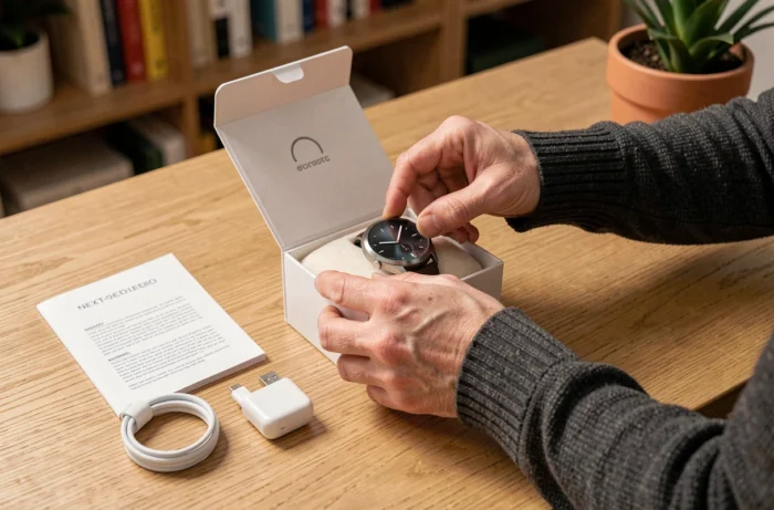 Mains déballant une nouvelle smartwatch haut de gamme avec ses accessoires sur une table en bois