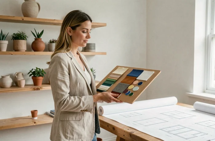 Décoratrice d'intérieure tenant un tableau d'inspiration avec des échantillons de tissus dans un studio de design moderne