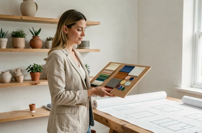 Décoratrice d'intérieure tenant un tableau d'inspiration avec des échantillons de tissus dans un studio de design moderne
