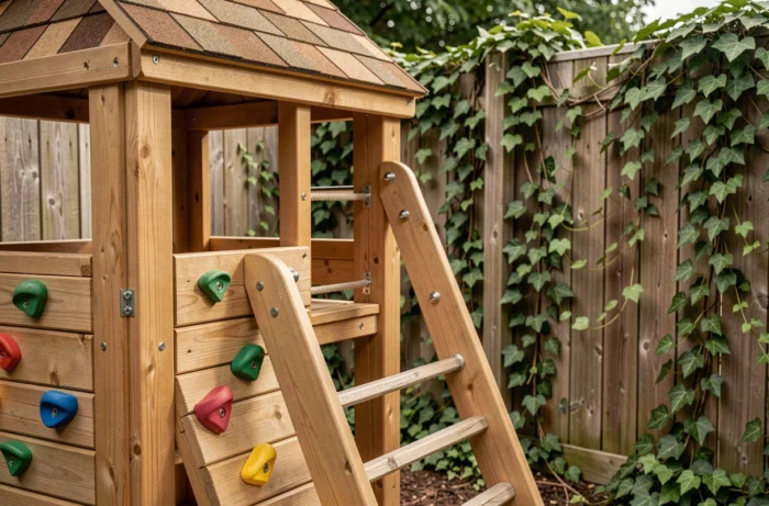 Détail d'une structure de jeux en bois haut de gamme avec fort, mur d'escalade et corde dans un jardin résidentiel