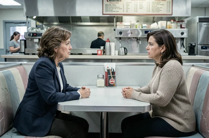 Deux femmes en conversation tendue dans un diner américain, illustrant les conflits dramatiques de la série Little Fires Everywhere