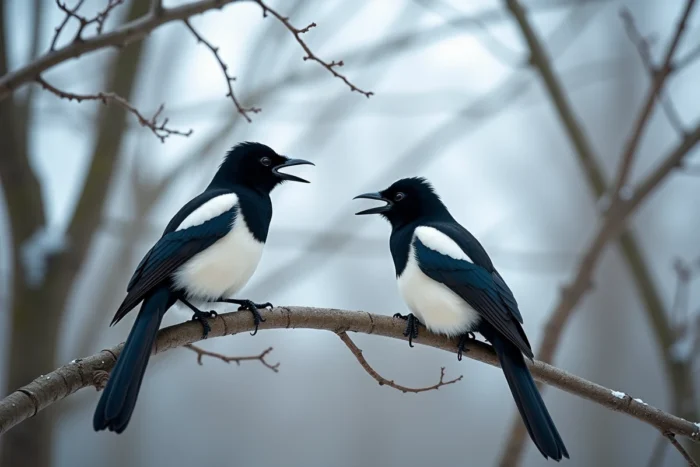 Deux pies en communication sur une branche nue en forêt hivernale, illustrant les vocalisations et les interactions sociales de ces oiseaux