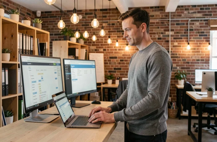 Développeur web debout travaillant sur une stratégie de référencement dans un espace de coworking