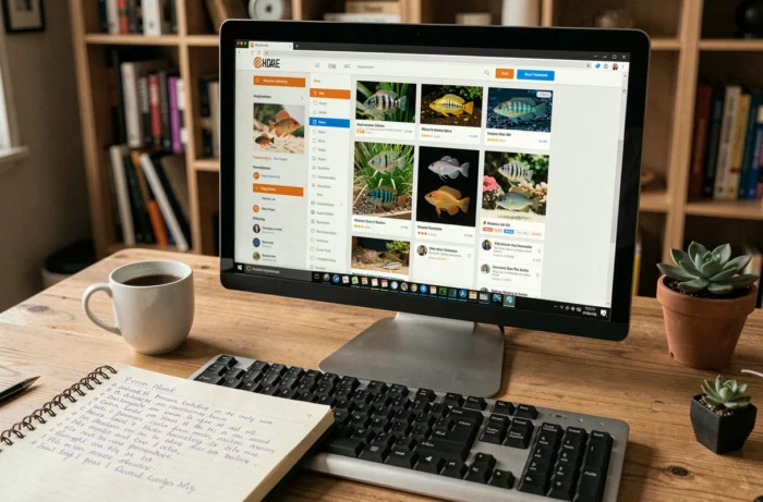 Écran d'ordinateur affichant un forum spécialisé sur les cichlidés avec cahier de notes et café sur un bureau d'aquariophile