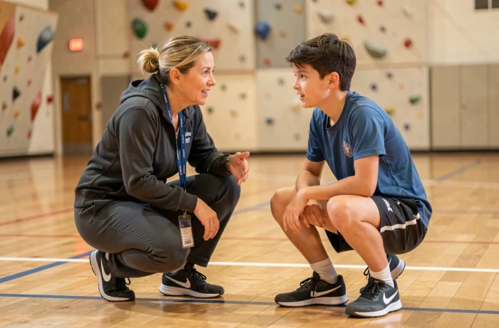 Une éducatrice sportive accompagne un jeune dans un gymnase dans le cadre d'un programme de sport solidaire
