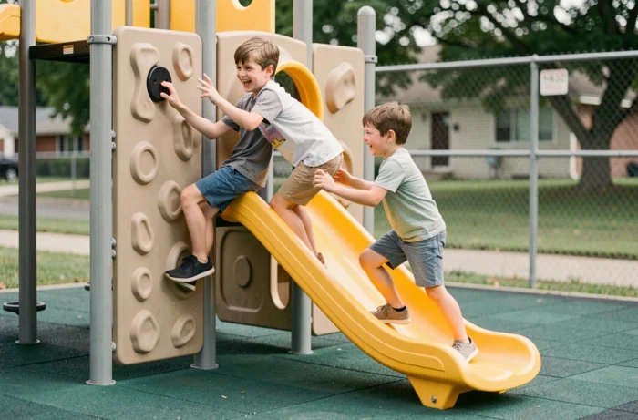 Deux garçons jouant sur une structure de jeux modulaire moderne avec toboggan et mur d'escalade dans une cour d'école