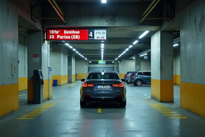 Entrée d'un parking souterrain payant près du Stade de France avec barrière automatique et signalétique tarifaire