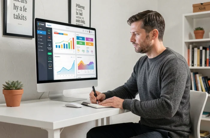 Chef d'entreprise analysant des tableaux de bord de performance et des indicateurs clés dans un bureau épuré