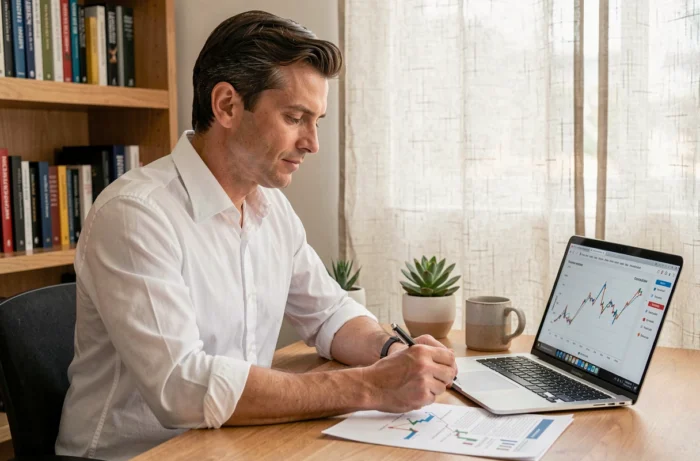 Entrepreneur analysant une feuille de route de croissance d'entreprise sur son bureau à domicile avec un ordinateur portable