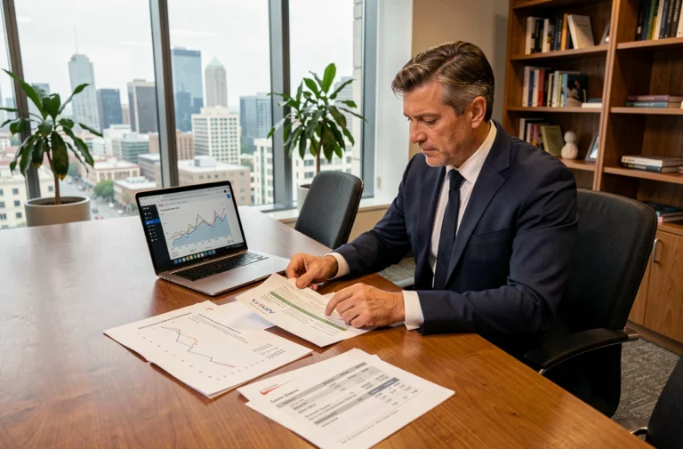 Entrepreneur analysant des rapports financiers pour évaluer la valeur de son entreprise dans une salle de réunion moderne