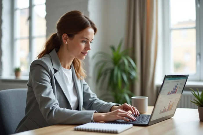 Femme entrepreneureuse travaillant sur des outils marketing en ligne depuis son bureau à domicile