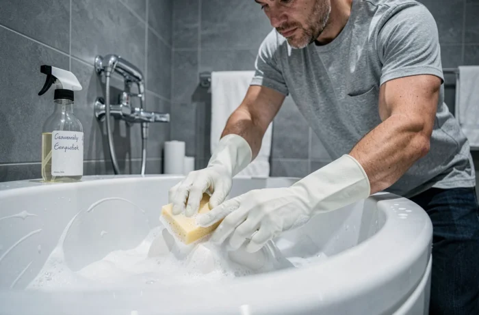 Homme nettoyant l'intérieur d'un spa vide avec une solution de vinaigre blanc et une éponge