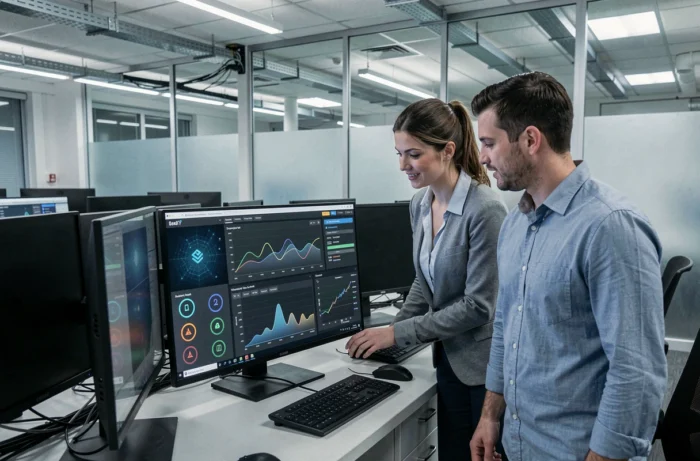 Deux collègues en entreprise analysant un tableau de bord de cybersécurité pour renforcer la protection des données sensibles de leur organisation