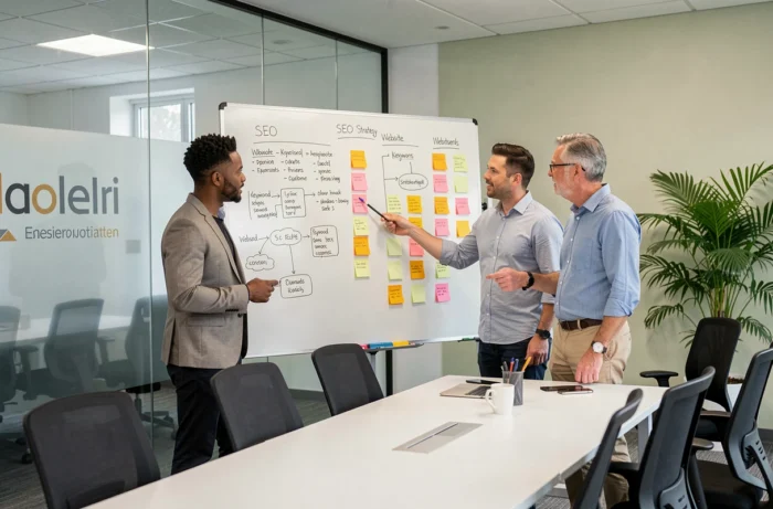 Équipe marketing collaborant autour d'un tableau blanc pour planifier une stratégie de référencement naturel