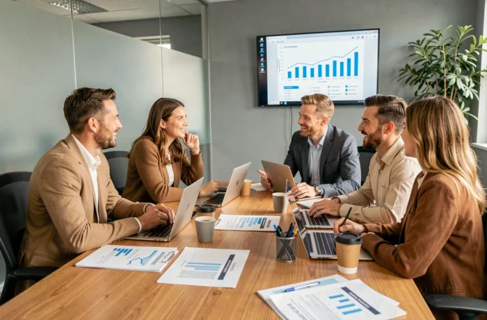 Équipe de professionnels en réunion discutant des performances et de la croissance de leur entreprise