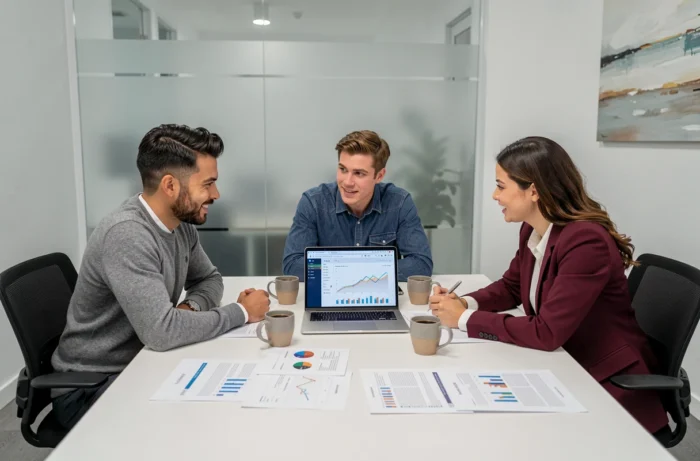 Équipe de professionnels en réunion stratégique autour d'une table avec des rapports de croissance d'entreprise