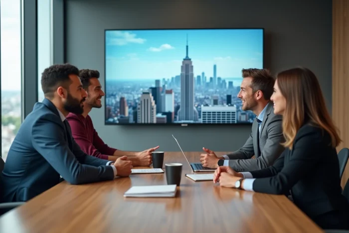 Équipe professionnelle collaborant sur une stratégie marketing lors d'une réunion en salle de conférence