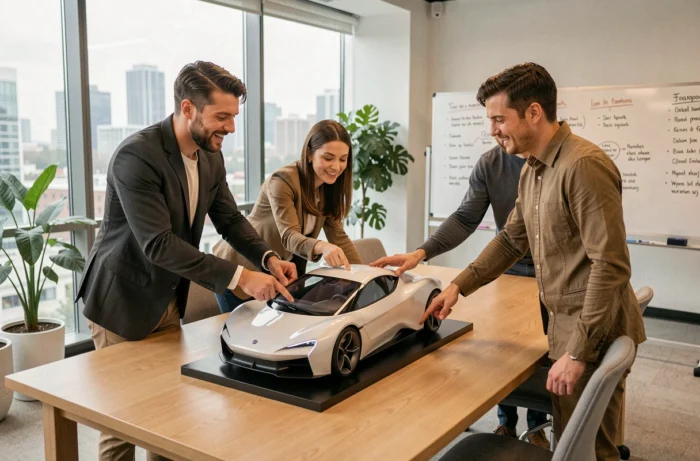Équipe de professionnels discutant autour d'une maquette de voiture à hydrogène lors d'une réunion de stratégie sur l'avenir de l'industrie automobile