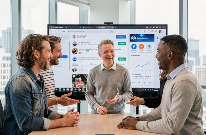 Équipe de professionnels discutant des dernières tendances du web et des réseaux sociaux devant un écran