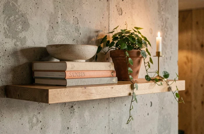 Étagère flottante en bois décorée avec des objets design minimalistes, un bol en céramique, des livres d'art et une plante en pot en terre cuite