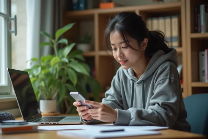 Étudiante configurant la messagerie Zimbra Unicaen sur son smartphone dans sa chambre universitaire