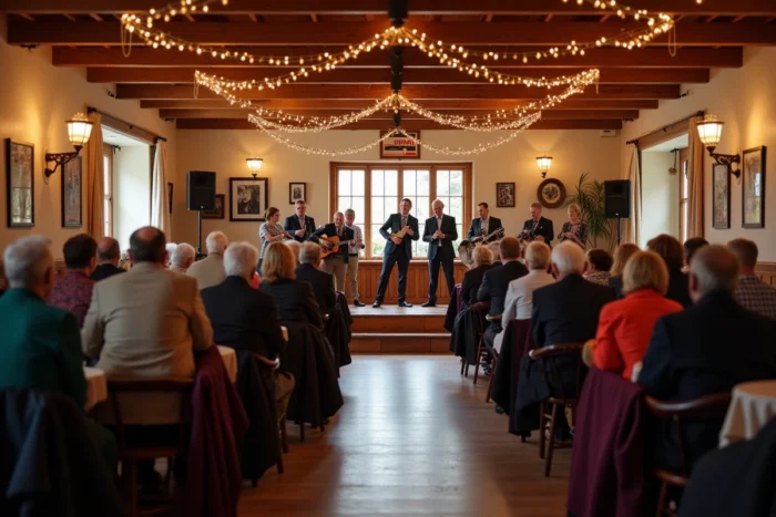 Événement culturel local dans une salle des fêtes communautaire avec des habitants réunis autour de tables