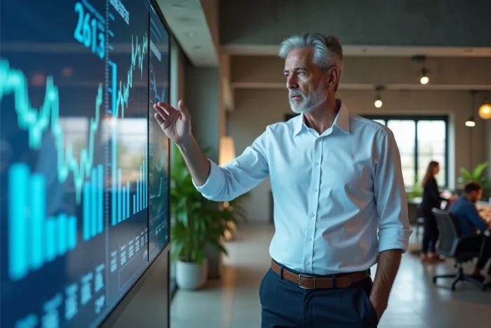 Expert financier présentant des graphiques boursiers sur écran interactif dans un bureau moderne, alliant carrière sportive et expertise économique