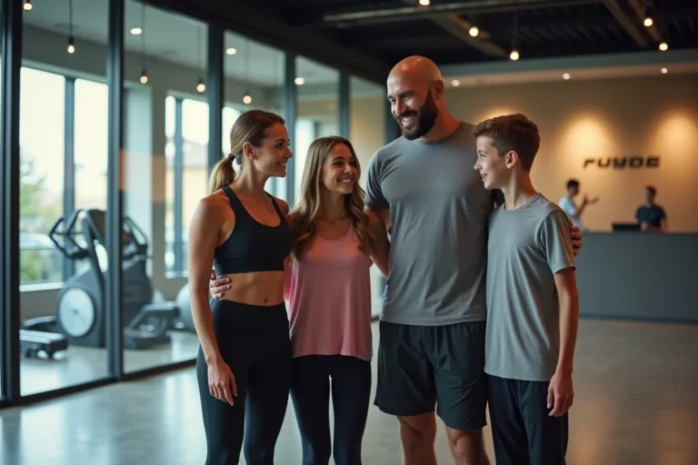 Famille de quatre personnes s'inscrivant ensemble à un abonnement de salle de sport Basic Fit à l'accueil