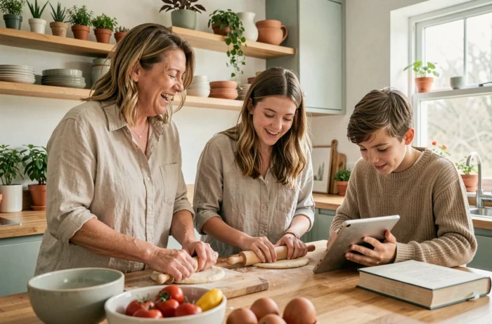 Mère et ses deux adolescents préparant un repas ensemble dans une cuisine moderne en bois, ambiance chaleureuse et complice au quotidien
