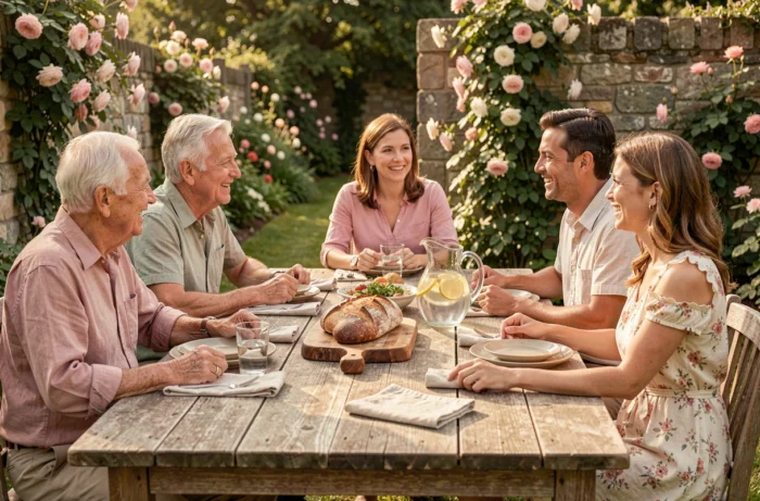 Famille multigénérationnelle réunie autour d'un repas convivial dans un jardin verdoyant, grand-parents parents et enfant partagent un moment de bonheur