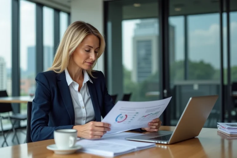 Femme d'affaires analysant des rapports financiers dans un bureau moderne avec vue sur la ville