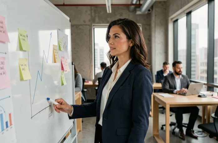 Femme d'affaires présentant des stratégies de croissance d'entreprise devant un tableau blanc dans un bureau moderne