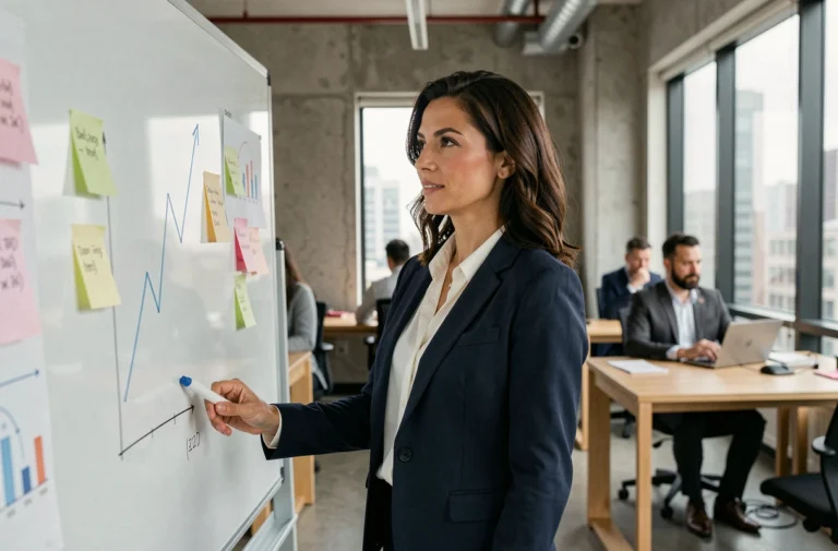 Femme d'affaires présentant des stratégies de croissance d'entreprise devant un tableau blanc dans un bureau moderne