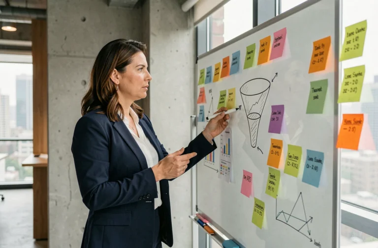 Femme d'affaires devant un tableau blanc avec des graphiques de croissance et des stratégies d'entreprise pour 2024